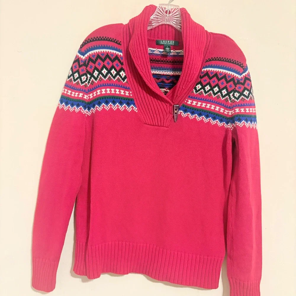 Lauren Ralph Lauren Red Fair Isle Shawl Neck Toggle Sweater L Cotton Mens